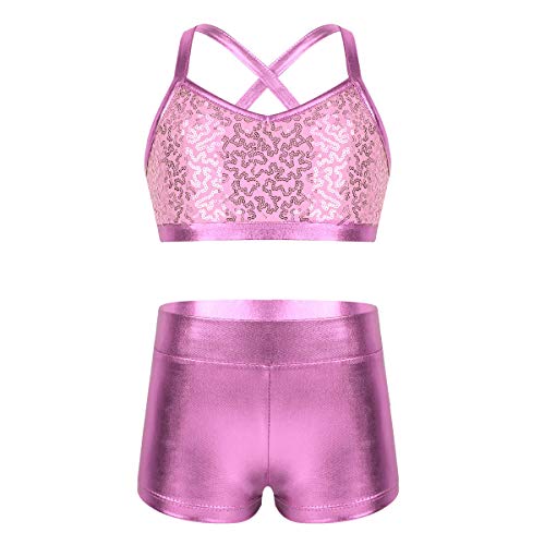 Agoky Ropa Deportiva de Danza Lentejuelas para Niñas Tankini Conjunto Maillot de Gimnasia Rítmica Crop Top Pantalones Cortos Leotardo Yoga Fitness Rosa 7-8 años