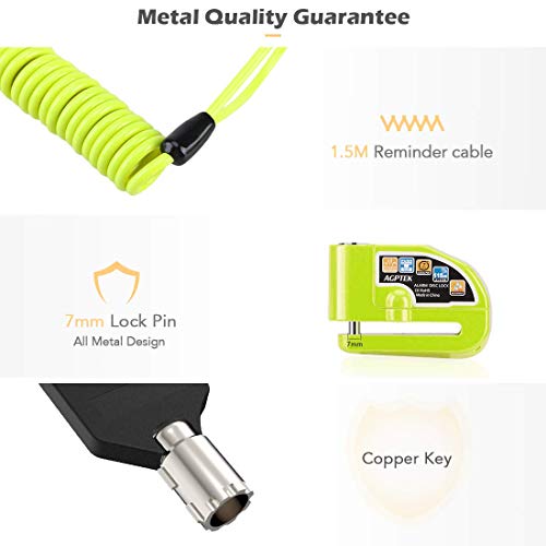 AGPTEK Candado Disco Moto con 1.5M Cable de Recordatorio, Candado Bloqueo 7mm con Alarma 110DB Antirrobo para Motos, Motocicletas, Bicicletas, Verde AGPTEK Candado Disco Moto con 1.5M Cable de Recordatorio, Candado Bloqueo 7mm con Alarma 110DB Antirrobo para Motos, Motocicletas, Bicicletas, Verde