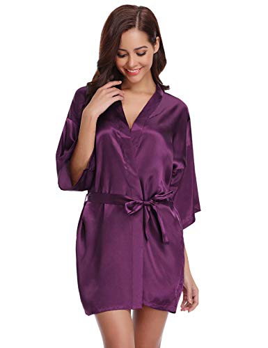 Aiboria Kimono Mujer Bata Novia Dama de Honor Satén Mujer Ropa de Dormir Batas ，Cortos con Cuello en V Oblicuo para Despedida de Soltera, Bodas, Fiestas.