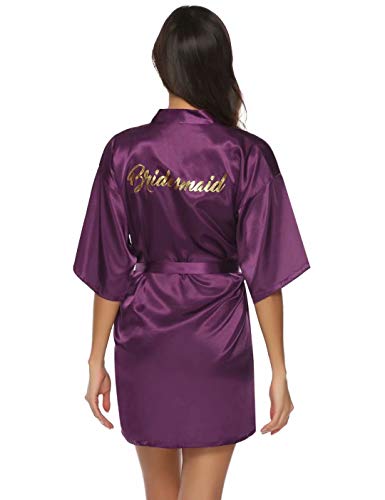 Aiboria Kimono Mujer Bata Novia Dama de Honor Satén Mujer Ropa de Dormir Batas ，Cortos con Cuello en V Oblicuo para Despedida de Soltera, Bodas, Fiestas.