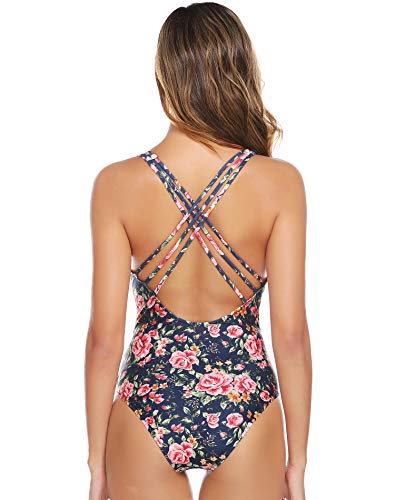 Aibrou Bañadores Mujer 2020 Trajes de Baño de Una Pieza Correas traseras Vendaje Bañadores Sexys Cuello en V Profundo Playa Monokini, (Azul Flor, XXL)