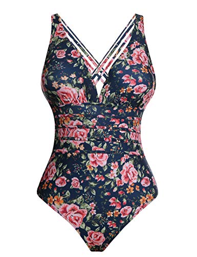 Aibrou Bañadores Mujer 2020 Trajes de Baño de Una Pieza Correas traseras Vendaje Bañadores Sexys Cuello en V Profundo Playa Monokini, (Azul Flor, XXL)