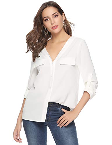 Aibrou Camisa Manga Larga para Mujer,Camiseta Cuello V Elegante, Tops,Casual Blusa Suelta Primavera,Otoño