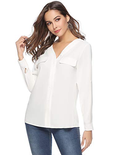 Aibrou Camisa Manga Larga para Mujer,Camiseta Cuello V Elegante, Tops,Casual Blusa Suelta Primavera,Otoño