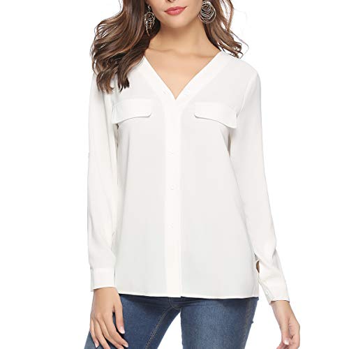 Aibrou Camisa Manga Larga para Mujer,Camiseta Cuello V Elegante, Tops,Casual Blusa Suelta Primavera,Otoño