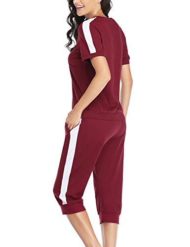 Aibrou Chándal de Mujer Top de Manga Corta y pantalón Capri Conjunto de Gimnasia Deportiva de Moda (Vino Tinto XXL)