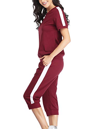 Aibrou Chándal de Mujer Top de Manga Corta y pantalón Capri Conjunto de Gimnasia Deportiva de Moda (Vino Tinto XXL)