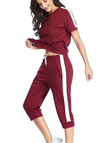 Aibrou Chándal de Mujer Top de Manga Corta y pantalón Capri Conjunto de Gimnasia Deportiva de Moda (Vino Tinto XXL)