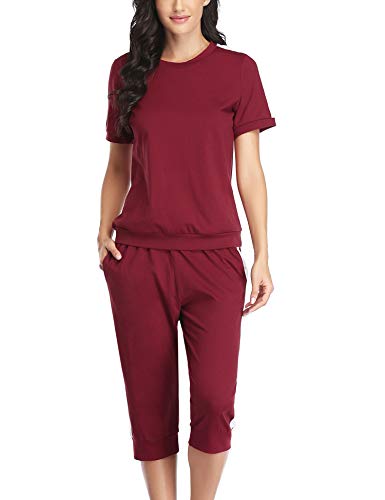 Aibrou Chándal de Mujer Top de Manga Corta y pantalón Capri Conjunto de Gimnasia Deportiva de Moda (Vino Tinto XXL)