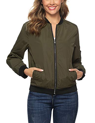 Aibrou Chaqueta Bomber Mujer Invierno,Cazadora Oversize,Suelto y cómodo Estilo Neutro,Casual Uniforme Beisbol con Cremallera,Cazadora Bomber Chaqueta Ligera (Ejercito Verde, M)