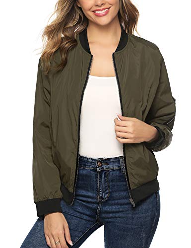 Aibrou Chaqueta Bomber Mujer Invierno,Cazadora Oversize,Suelto y cómodo Estilo Neutro,Casual Uniforme Beisbol con Cremallera,Cazadora Bomber Chaqueta Ligera (Ejercito Verde, M)