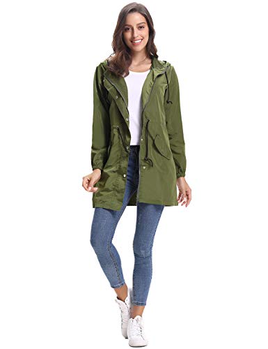 Aibrou Chaqueta Impermeable Mujer,Chaqueta Cortavientos Running Abrigo Impermeable con Capucha Chubasquero Impermeable Deportivo Chuvasqueros de Lluvia Primavera, Ejercito Verde, XXL