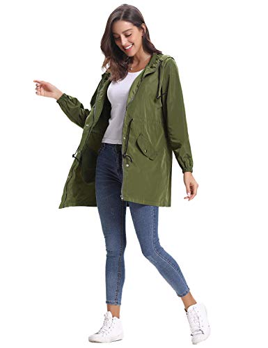 Aibrou Chaqueta Impermeable Mujer,Chaqueta Cortavientos Running Abrigo Impermeable con Capucha Chubasquero Impermeable Deportivo Chuvasqueros de Lluvia Primavera, Ejercito Verde, XXL