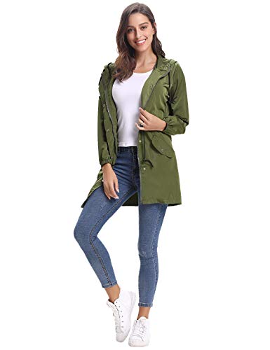 Aibrou Chaqueta Impermeable Mujer,Chaqueta Cortavientos Running Abrigo Impermeable con Capucha Chubasquero Impermeable Deportivo Chuvasqueros de Lluvia Primavera, Ejercito Verde, XXL