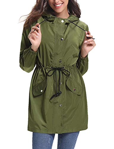 Aibrou Chaqueta Impermeable Mujer,Chaqueta Cortavientos Running Abrigo Impermeable con Capucha Chubasquero Impermeable Deportivo Chuvasqueros de Lluvia Primavera, Ejercito Verde, XXL