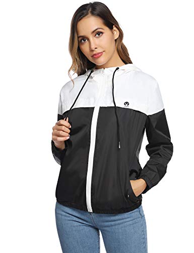 Aibrou Cortavientos Abrigos Impermeables con Capucha Ligera para Mujer,Chubasquero Deporte para al Aire Libre,Ropa de Secado Rápido Chaqueta de Viento e Impermeable, (Blanco Negro XS)