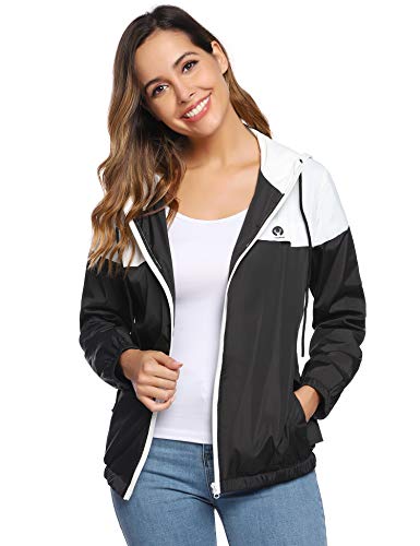 Aibrou Cortavientos Abrigos Impermeables con Capucha Ligera para Mujer,Chubasquero Deporte para al Aire Libre,Ropa de Secado Rápido Chaqueta de Viento e Impermeable, (Blanco Negro XS)