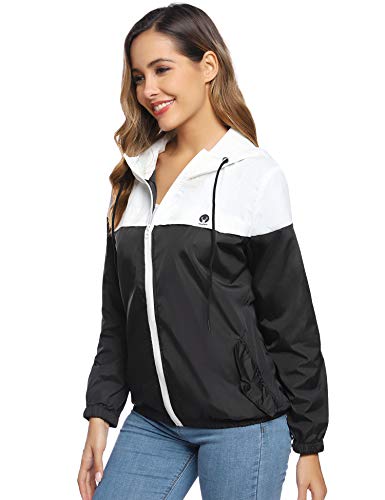 Aibrou Cortavientos Abrigos Impermeables con Capucha Ligera para Mujer,Chubasquero Deporte para al Aire Libre,Ropa de Secado Rápido Chaqueta de Viento e Impermeable, (Blanco Negro XS)