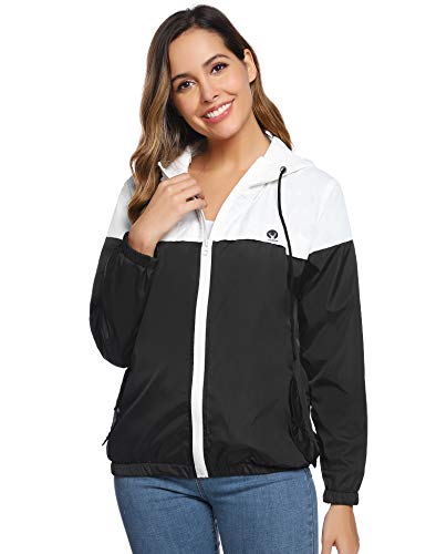 Aibrou Cortavientos Abrigos Impermeables con Capucha Ligera para Mujer,Chubasquero Deporte para al Aire Libre,Ropa de Secado Rápido Chaqueta de Viento e Impermeable, (Blanco Negro XS)