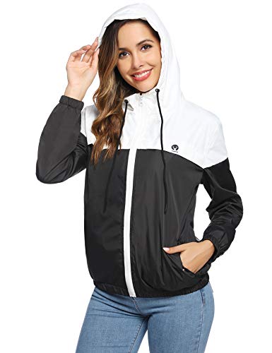 Aibrou Cortavientos Abrigos Impermeables con Capucha Ligera para Mujer,Chubasquero Deporte para al Aire Libre,Ropa de Secado Rápido Chaqueta de Viento e Impermeable, (Blanco Negro XS)