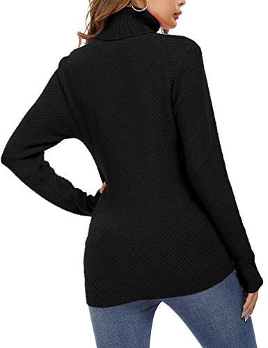 Aibrou Jersey de Mujer Sólido Ligero Suave Elástico Manga Larga Jerséis de Punto Jersey de Cuello Alto Jersey con Textura de Rayas oblicuas (Negro L)