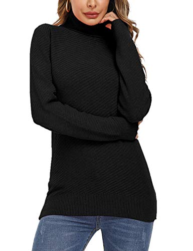 Aibrou Jersey de Mujer Sólido Ligero Suave Elástico Manga Larga Jerséis de Punto Jersey de Cuello Alto Jersey con Textura de Rayas oblicuas (Negro L)