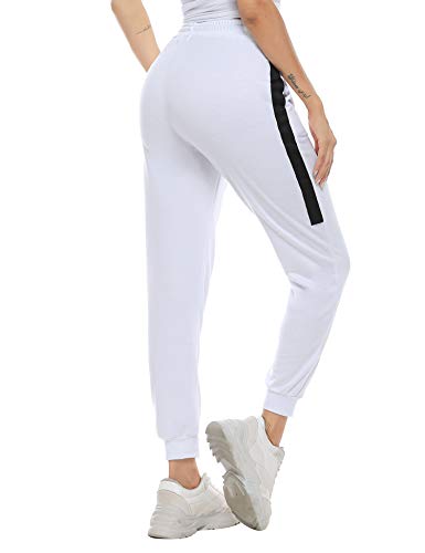 Aibrou Pantalones Chandal Mujer Algodón Pantalones Deportivos Yoga Fitness con cordón Bolsillos Pantalon Jogging Largos Patalones de Punto de Rayas, (Blanco, XXL)