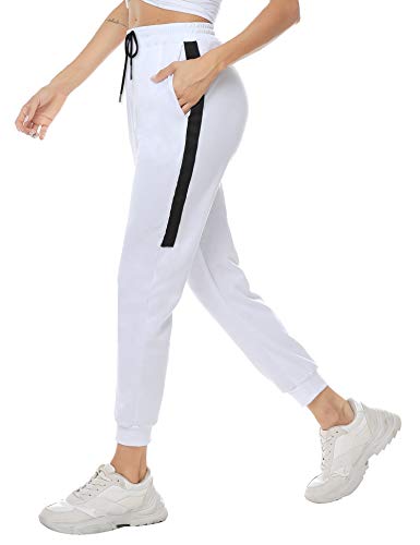 Aibrou Pantalones Chandal Mujer Algodón Pantalones Deportivos Yoga Fitness con cordón Bolsillos Pantalon Jogging Largos Patalones de Punto de Rayas, (Blanco, XXL)