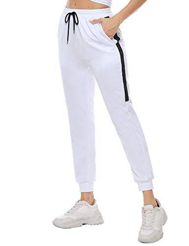 Aibrou Pantalones Chandal Mujer Algodón Pantalones Deportivos Yoga Fitness con cordón Bolsillos Pantalon Jogging Largos Patalones de Punto de Rayas, (Blanco, XXL)