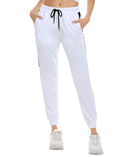 Aibrou Pantalones Chandal Mujer Algodón Pantalones Deportivos Yoga Fitness con cordón Bolsillos Pantalon Jogging Largos Patalones de Punto de Rayas, (Blanco, XXL)