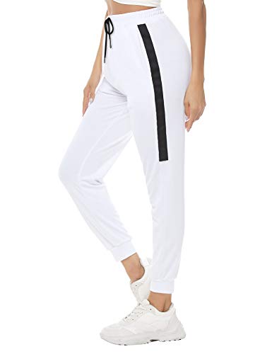 Aibrou Pantalones Chandal Mujer Algodón Pantalones Deportivos Yoga Fitness con cordón Bolsillos Pantalon Jogging Largos Patalones de Punto de Rayas, (Blanco, XXL)