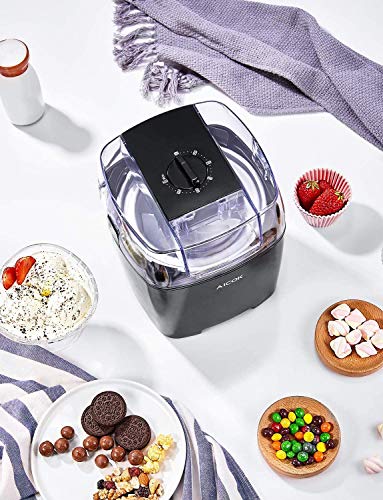 Aicok 1.5 Litro Maquina de Helados con Temporizador para Hacer Helado，Sorbete y Yogur Congela en 15-30 Minutos，Máquina de Bajo Consumo 250W, Sin BPA, Recetas Incluido, Negro