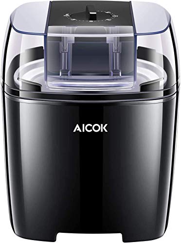 Aicok 1.5 Litro Maquina de Helados con Temporizador para Hacer Helado，Sorbete y Yogur Congela en 15-30 Minutos，Máquina de Bajo Consumo 250W, Sin BPA, Recetas Incluido, Negro