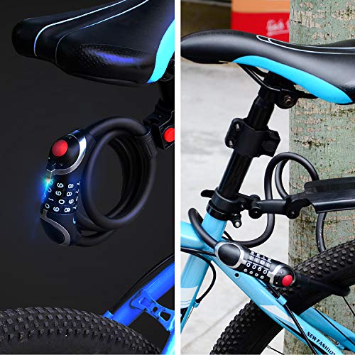 AidSci Candado de Bicicleta, Antirrobo Bloqueo Bici Alta Seguridad Candado de Cable Combinación con Flexible Montaje, luz de Noche LED, 150 cm, Trabajo Pesado - Bicicletas Triciclo Scooter