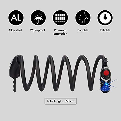 AidSci Candado de Bicicleta, Antirrobo Bloqueo Bici Alta Seguridad Candado de Cable Combinación con Flexible Montaje, luz de Noche LED, 150 cm, Trabajo Pesado - Bicicletas Triciclo Scooter