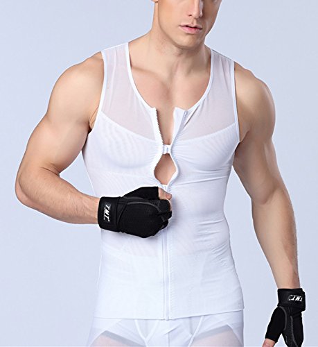 AIEOE - Camiseta de Hombre Reductora sin Manga con Cremallera para Fitness Deportes Faja Abdominal Pecho Plano - Blanco -XL