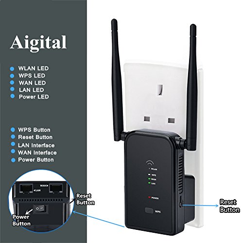 Aigital Repetidor Extensor de Rango Inalámbrico de 300 Mbps(2.4GHz,WPS,2 x Antenas Externas) Enrutador inalámbrico Repetidor de WiFi Amplificador Compatible con los Routers y ADSL(Negro)