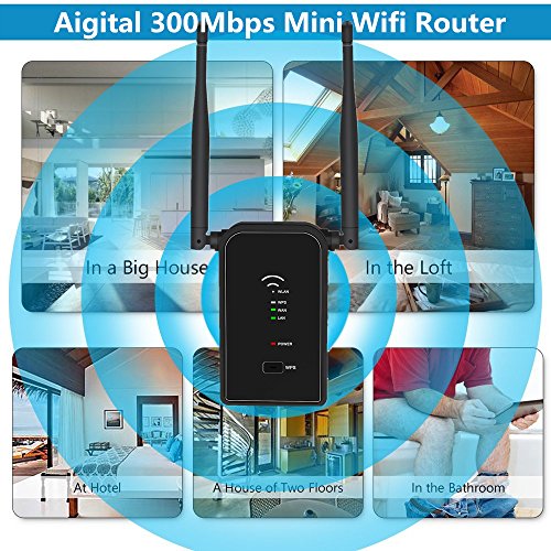 Aigital Repetidor Extensor de Rango Inalámbrico de 300 Mbps(2.4GHz,WPS,2 x Antenas Externas) Enrutador inalámbrico Repetidor de WiFi Amplificador Compatible con los Routers y ADSL(Negro)