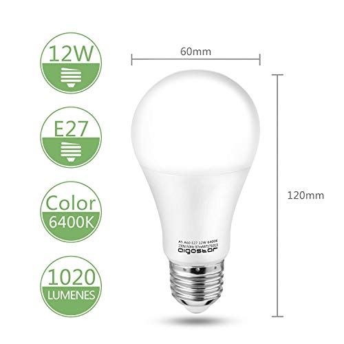 Aigostar - Bombilla LED E27 12W, Luz Blanca Fría 6400K,1020 lúmenes, Ángulo 280° - 5 unidades