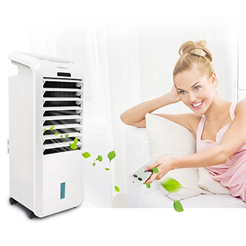 Aigostar Climatizador evaporativo con mando a distancia, 55W, función humidificador de aire, oscilante, 3 modos y 3 velocidades, temporizador 7 h, 2 cajas hielo, depósito 5 l