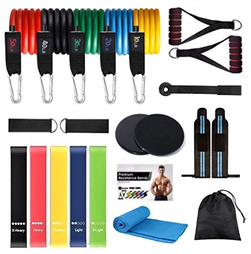 AIH Profit Set/Kit de Gimnasio, Deporte y Ejercicio en Casa - Bandas Elásticas Musculación -5 Gomas Elásticas Fitness Pilates -Toalla Microfibras - Muñequeras Crossfit - Core Sliders - 22 Pcs