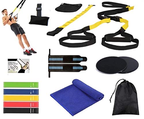 AIH Profit TRX Fitness - Set/Kit de Gimnasio, Deporte y Ejercicio en Casa - TRX Fitness - 5 Gomas Elásticas Fitness Pilates -Toalla Microfibras - Muñequeras Crossfit - Core Sliders - 15 Pcs