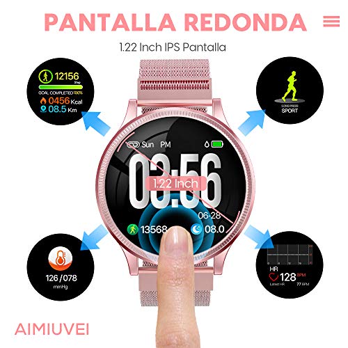 AIMIUVEI Smartwatch Mujer, Reloj Inteligente Mujer con Pulsómetro, Impermeable IP67, Presión Arterial, Monitor de Sueño Calorías, Podómetro, Reloj Deportivo Mujer para iOS y Android