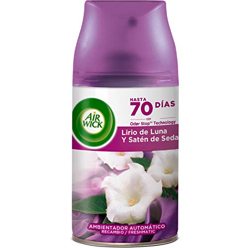 Air Wick Freshmatic - Recambios de ambientador spray automático, esencia para casa con aroma a Lirio de Luna y Satén de Seda - pack de 6 Air Wick Freshmatic - Recambios de ambientador spray automático, esencia para casa con aroma a Lirio de Luna y Satén de Seda - pack de 6