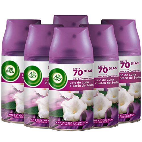 Air Wick Freshmatic - Recambios de ambientador spray automático, esencia para casa con aroma a Lirio de Luna y Satén de Seda - pack de 6 Air Wick Freshmatic - Recambios de ambientador spray automático, esencia para casa con aroma a Lirio de Luna y Satén de Seda - pack de 6