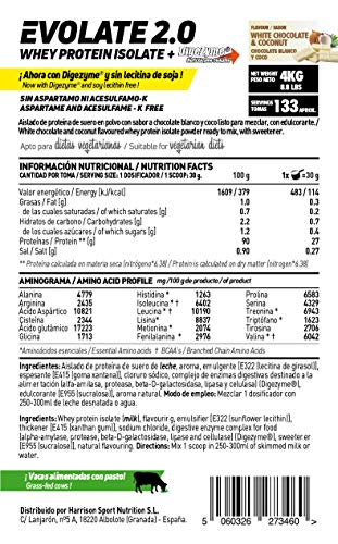 Aislado de Proteína de Suero de HSN Evolate 2.0 | Whey Protein Isolate | Proteína CFM + Enzimas Digestivas (Digezyme) + Ganar Masa Muscular | Vegetariana, Sin Gluten, Sin Soja, Choco Blanco Coco, 2Kg