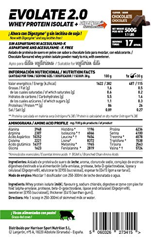 Aislado de Proteína de Suero de HSN Evolate 2.0 | Whey Protein Isolate | Proteína CFM + Enzimas Digestivas (Digezyme) + Ganar Masa Muscular | Vegetariana, Sin Gluten, Sin Soja, Chocolate, 500g