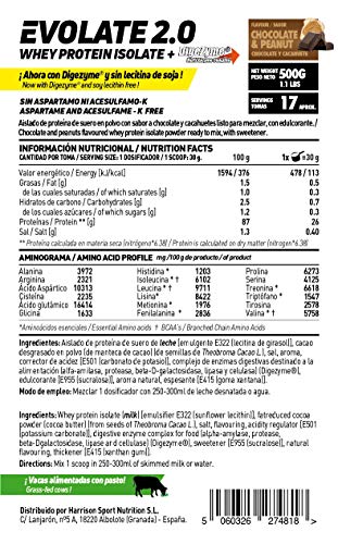 Aislado de Proteína de Suero Evolate 2.0 - Con Digezyme, Rica en BCAAs y Glutamina, Apto Vegetariano, Sin Gluten, Sin Soja, Sabor, Chocolate Cacahuete, 500 g