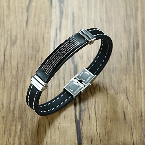 AIUIN - Pulsera de acero inoxidable para hombre, diseño de cruz y texto en inglés, de silicona con cierre plegable, color negro AIUIN - Pulsera de acero inoxidable para hombre, diseño de cruz y texto en inglés, de silicona con cierre plegable, color negro