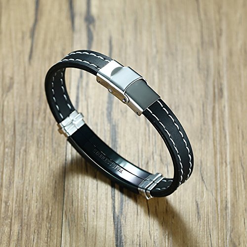 AIUIN - Pulsera de acero inoxidable para hombre, diseño de cruz y texto en inglés, de silicona con cierre plegable, color negro